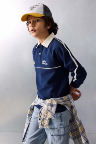 BOYS & TEENS NAVY Oversize Fit Printed Long Sleeve Polo T-Shirt