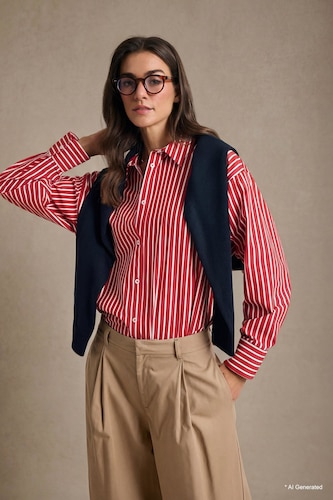 Kadın Kırmızı %100 Pamuk Oversıze Çizgili Poplin Gömlek