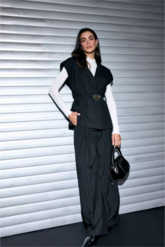 Kadın Siyah Wıde Leg Fermuarlı Normal Bel Pantolon