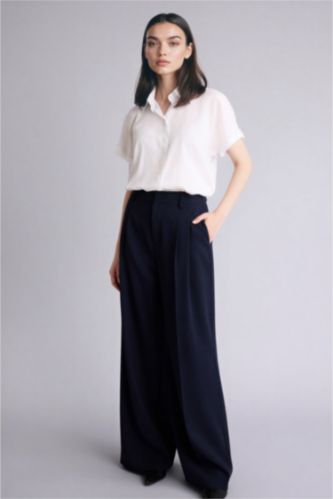 Kadın Lacivert Wıde Leg Yüksek Bel Geniş Paça Pantolon