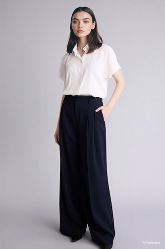 Women NAVY Wide Leg High Waist Trousers