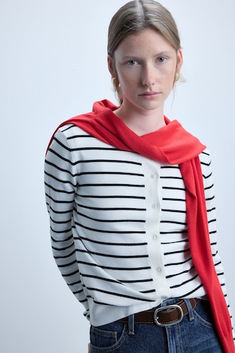 Women Ecru Regular Fit Ecru Striped Crew Neck Cardigan