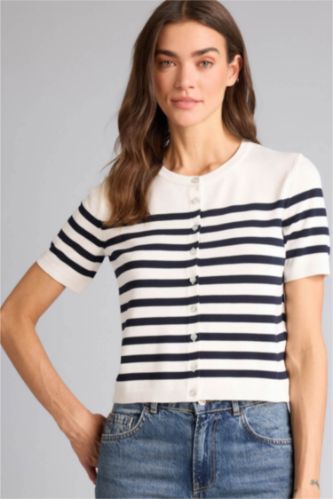 Woman Ecru Regular Fit Crew Neck Striped Cardigan