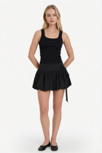 Balloon Fit Çizgili Normal Bel Penye Astar Mini Etek