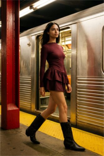 Платье мини Balloon Fit в рубчик с круглым вырезом и длинным рукавом