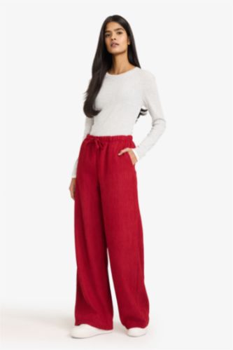 Wide Leg Çift Cepli Standart Boy Kadife Pantolon