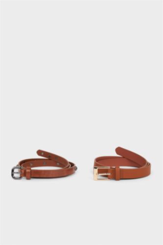 Kadın Karma Kadın Dikdörtgen Toka Suni Deri 2'li Günlük Kemer