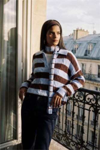 Regular Fit Polo Collar Striped Knit Pullover