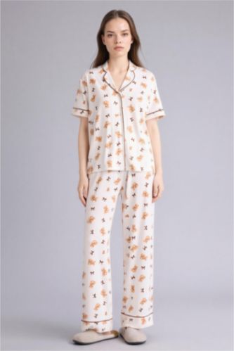 Kadın Ekru Softshell Ayıcıklı Pijama Takımı Üst Alt