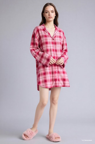 Kadın Bordo Regular Fıt Pijama Yaka Flanel Uzun Kollu Gecelik