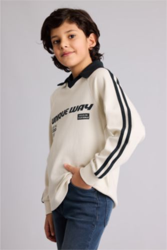 Boys & Teens Ecru New Regular Fit Slogan Long Sleeve Polo T-Shirt