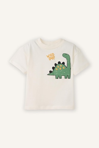 %100 Pamuk Dinozor Baskılı Kısa Kollu Tişört Erkek Bebek