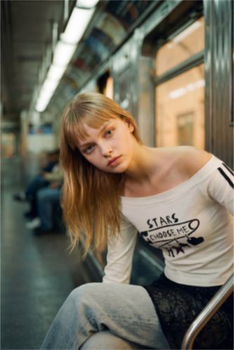 WOMAN White Fitted Boat Neck Printed Ribbed T-Shirt