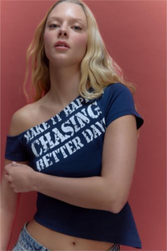 Fıtted Kayık Yaka Slogan Baskılı Ribana Kısa Kollu Tişört