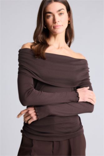 نساء بني Slim Fit Ribana Long Sleeve T-Shirt