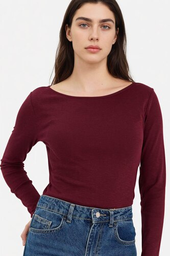 Women Bordeaux 100% Cotton Slim Fit Boat Neck Ribbed T-Shirt
