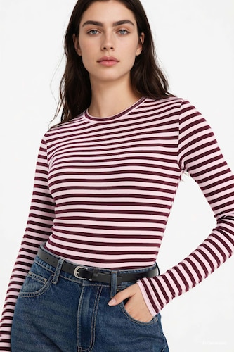 WOMAN Light Pink Loose Fit Boat Neck Ribbed Long Sleeve T-Shirt