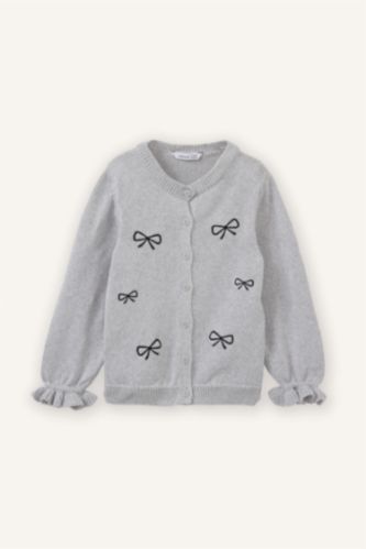 Kız Bebek Açık Gri Fiyonk Nakışlı Hırka Kız Bebek