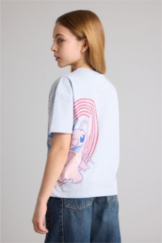 بنات أزرق فاتح تيشيرت بناتي نص ردن قصة مريحة من ليلو وستيتش