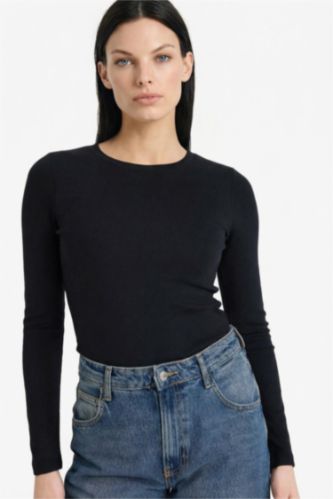 Slim Fit Dar Kesim Bisiklet Yaka Basic Düz Modal Uzun Kollu Tişört