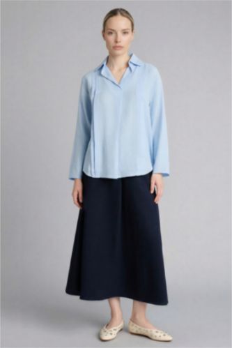 Kadın Lacivert A Kesim Keten Karışımlı Etek