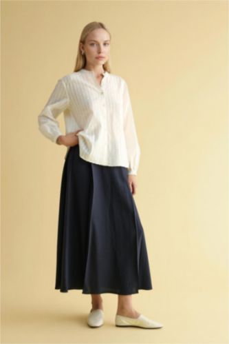 WOMAN NAVY A Cut Linen Blended Skirt
