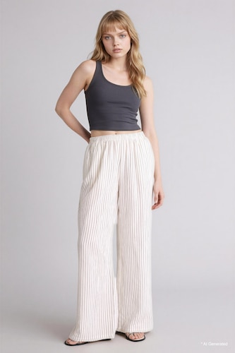 Woman Ecru Wide Leg Pocket Detailed Striped Muslin Trousers