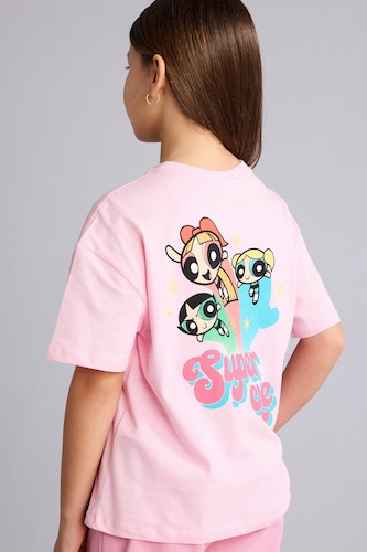 Kız Çocuk - Genç Kız Açık Pembe %100 Pamuk PowerPuff Girls Oversize Tişört Kız Çocuk