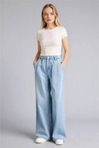 Женщины Голубрй Брюки Wide Leg c высокой талией для женщин