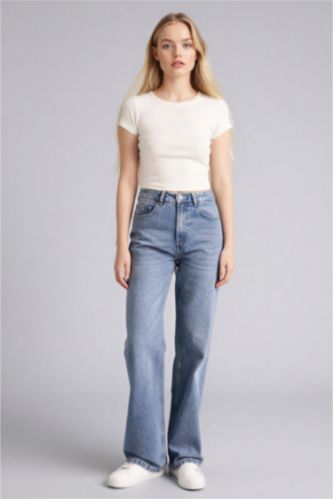 Женщины Голубрй Брюки Straıght Wıde c высокой талией для женщин