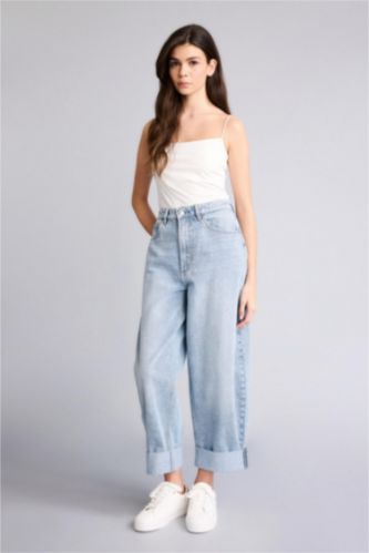 Женщины Светло-синий Длинные джинсы Barrel Fit с высокой талией и прямыми штанинами