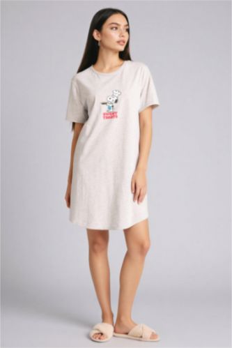 Woman Grey Melange Regular Fit Crew Neck Snoopy Licensed Knitted Dress