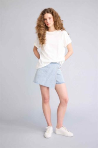 Женщины Светло-синий Джинсовые шорты с высокой талией и прямыми штанинами