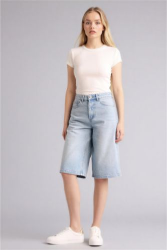 Женщины Светло-синий Джинсовые бермуды с высокой талией