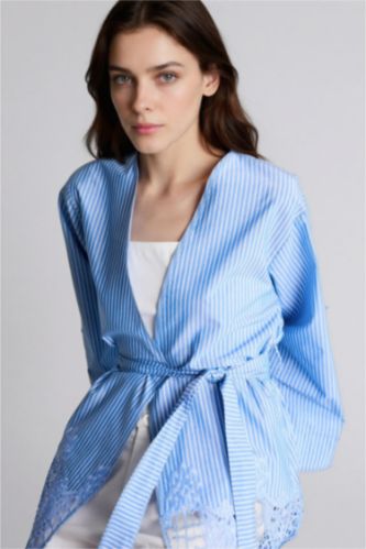 حريمي أزرق فاتح كيمونو منسوج قصة عادية