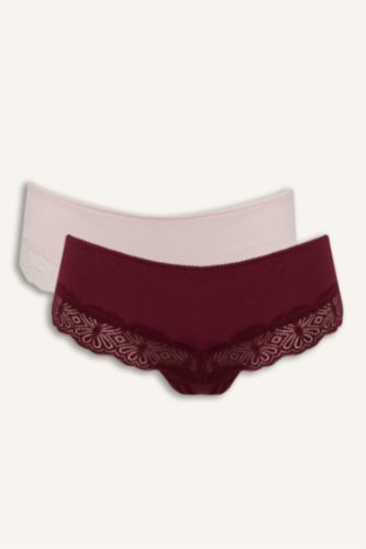 Kadın Bordo Dantel Detaylı Ribana 2'li Hipster Külot