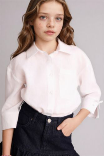 Девочки и подростки Белый Льняная рубашка Regular Fit с длинным рукавом для девочек