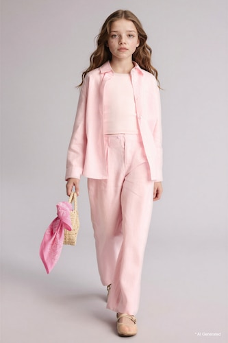 Young Girls - Teen Girls Pink Girl Wide Leg 100% Linen Trousers