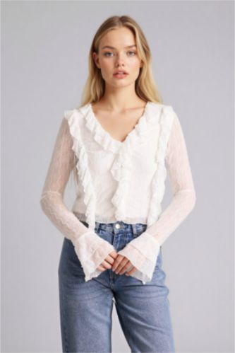 Женщины Кремовый Блузка с длинным рукавом приталенного кроя с кружевом для женщин