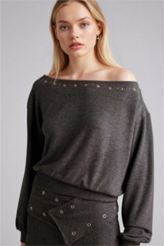 Женщины Антрацит Футболка Loose Fit с открытыми плечами и длинным рукавом