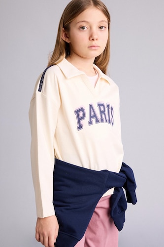 FILLES Écru Sweatshirt imprimé à col polo et manches longues pour fille