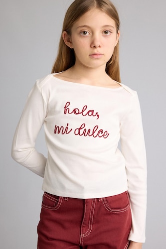 Young Girls - Teen Girls Ecru Girl Printed Ribbed T-Shirt