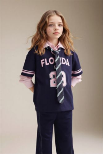 GIRLS & TEENS NAVY Oversize Fit Slogan Short Sleeve Polo T-Shirt