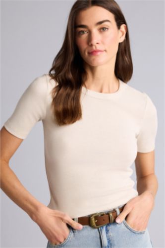 FEMME Beige Clair T-shirt basique côtelé à col rond et manches courtes Coupe slim