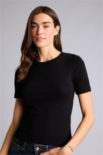 Женщины Черный Базовая однотонная футболка кашкорсе Slim Fit в рубчик с круглым вырезом и коротким рукавом