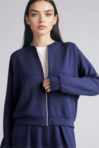 WOMAN NAVY Relax Fit Half Turtleneck Basic Cardigan
