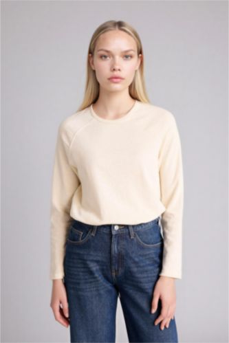 Kadın Açık Taş Regular Fıt Bisiklet Yaka Basıc Düz Uzun Kollu Tişört