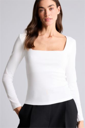 Женщины Бежевый Базовая футболка Slim Fit из модала с квадратным вырезом и длинным рукавом