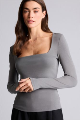 Woman Grey تيشيرت ردن طويل بيزك سادة سليم فيت وياخة مربعة