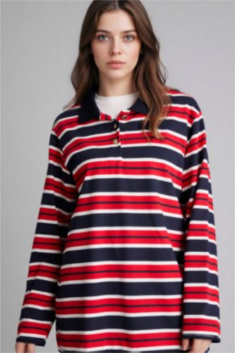 Kadın Lacivert Çizgili Sweatshirt Tunik